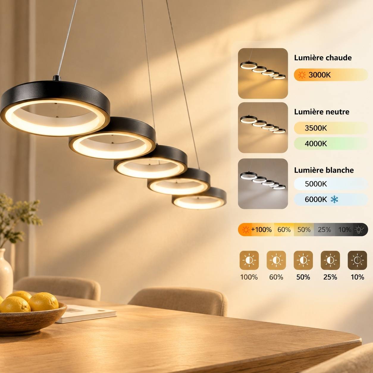 Suspension LED 6 Anneaux Dimmable Télécommande Ajustable - Image 3