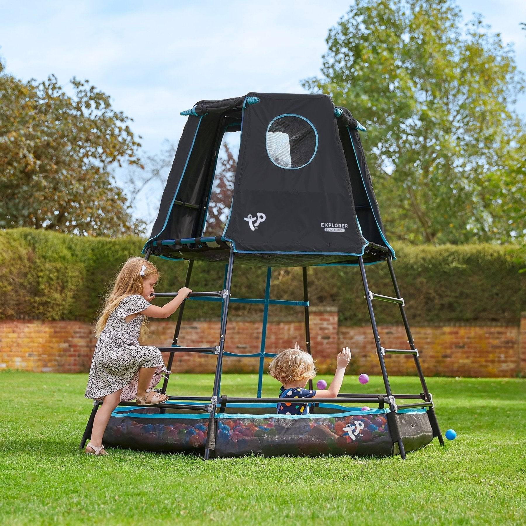 Tp Toys - Aire de jeux métal  EXPLORER TOUR noir - tapis explorer - hublot - piscine à balles - kit d'ancrage h201 cm - Imagen 1