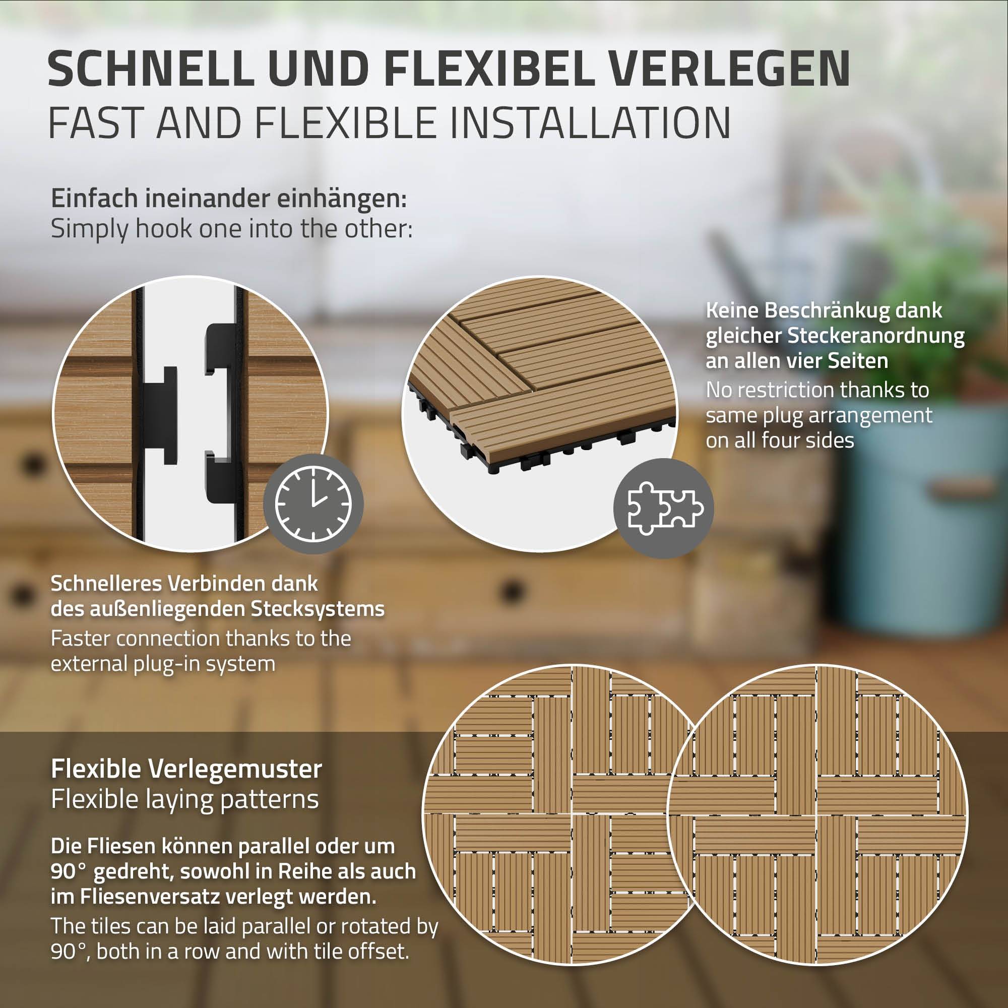 Ecd-Germany - Carreaux WPC de sol 30x30cm 1m² pour terrasse mosaïque teck - Imagen 5