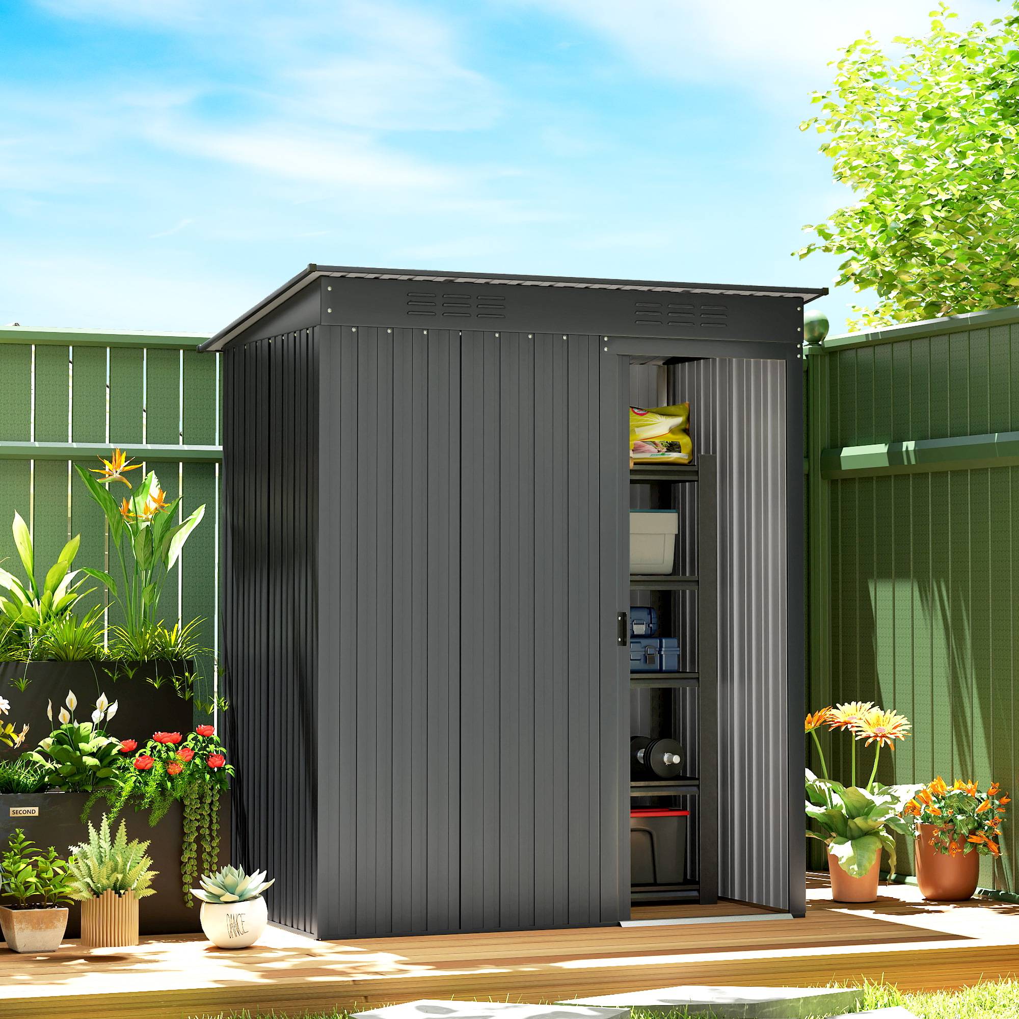 ComfortXL - Abri de jardin acier galvanisé 159 x 106 cm gris foncé rangement extérieur compact avec porte coulissante - Image 1