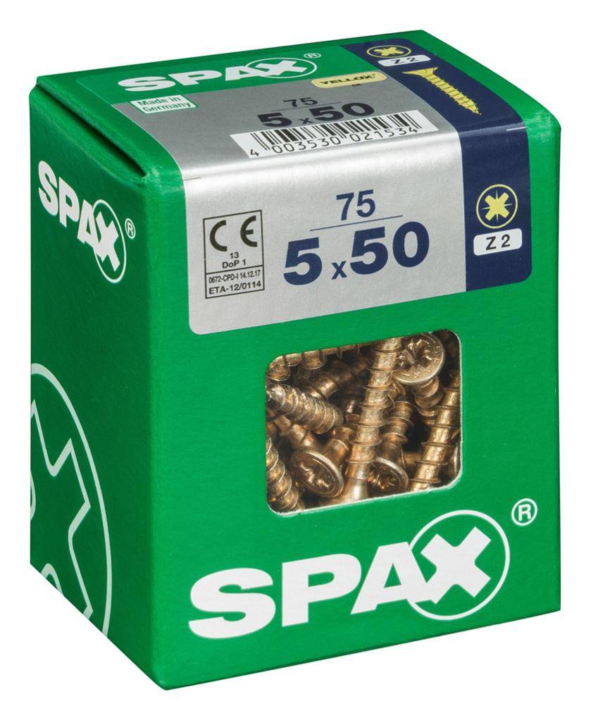 Spax - Lot de 75 vis acier tête fraisée pozidriv SPAX, Diam.5 mm x L.50 mm - Image 1