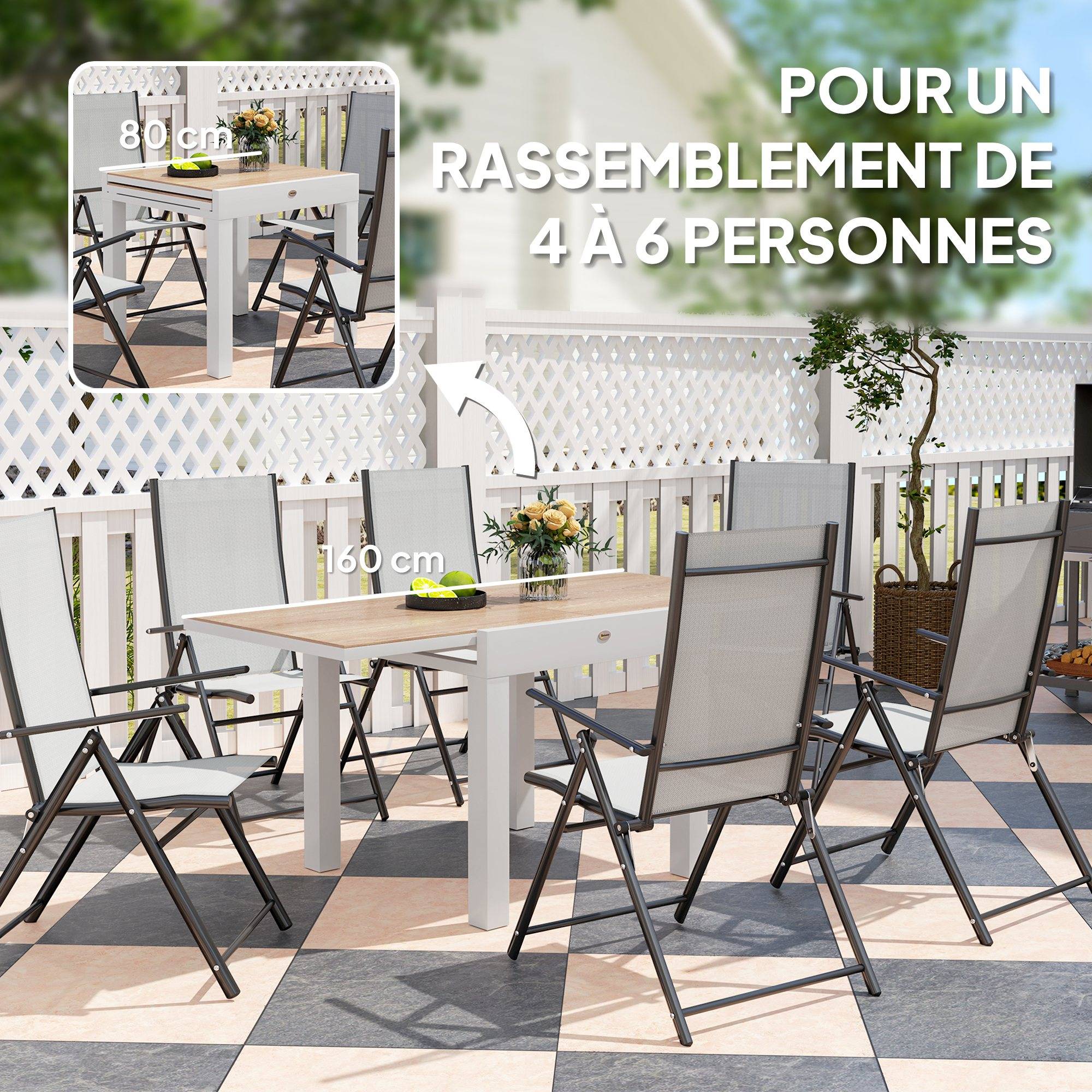 Table à manger de jardin extensible aluminium 6 personnes plateau 160x80cm gris - ComfortXL Outdoor Living - Image 6