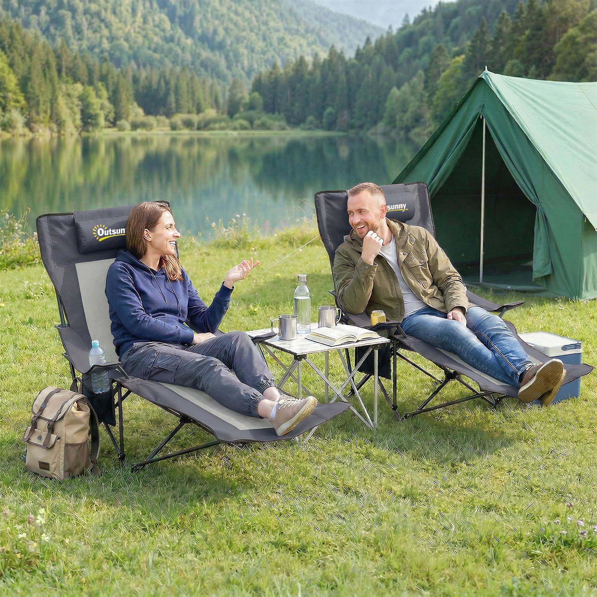Lot de 2 chaises de camping pliantes métal et tissu gris foncé 125 x 80 x 100 cm - PANGIVO - Image 3