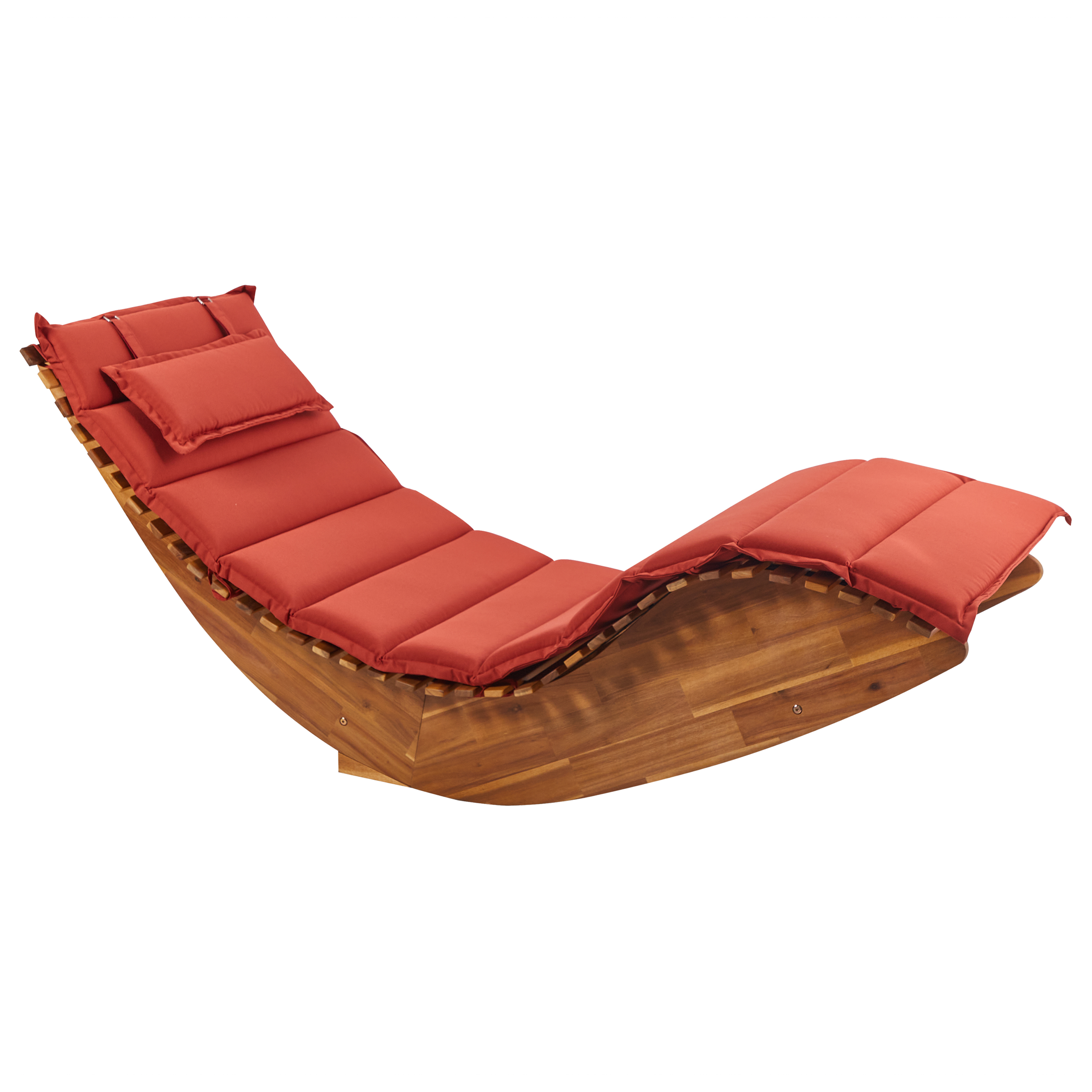 Beliani - Chaise Longue Extérieur à Bascule en Bois d'Acacia Clair Design à Lattes avec Coussin Rouge - Imagen 1