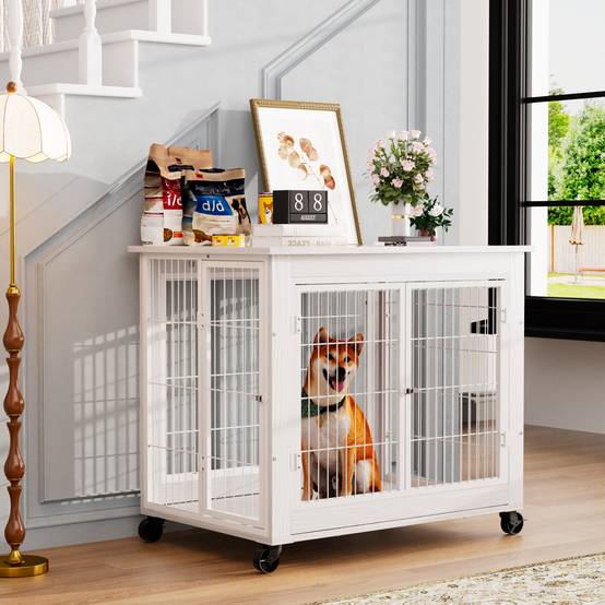 Cage chien meuble intérieur bois acier avec roulettes et toit ouvrant 80x56x69cm blanc - ComfortXL Outdoor Living - Image 9