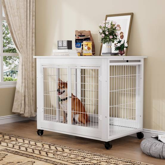 Cage chien meuble intérieur bois acier avec roulettes et toit ouvrant 80x56x69cm blanc - ComfortXL Outdoor Living - Image 1