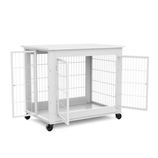 Cage chien meuble intérieur bois acier avec roulettes et toit ouvrant 80x56x69cm blanc - ComfortXL Outdoor Living - Image 8
