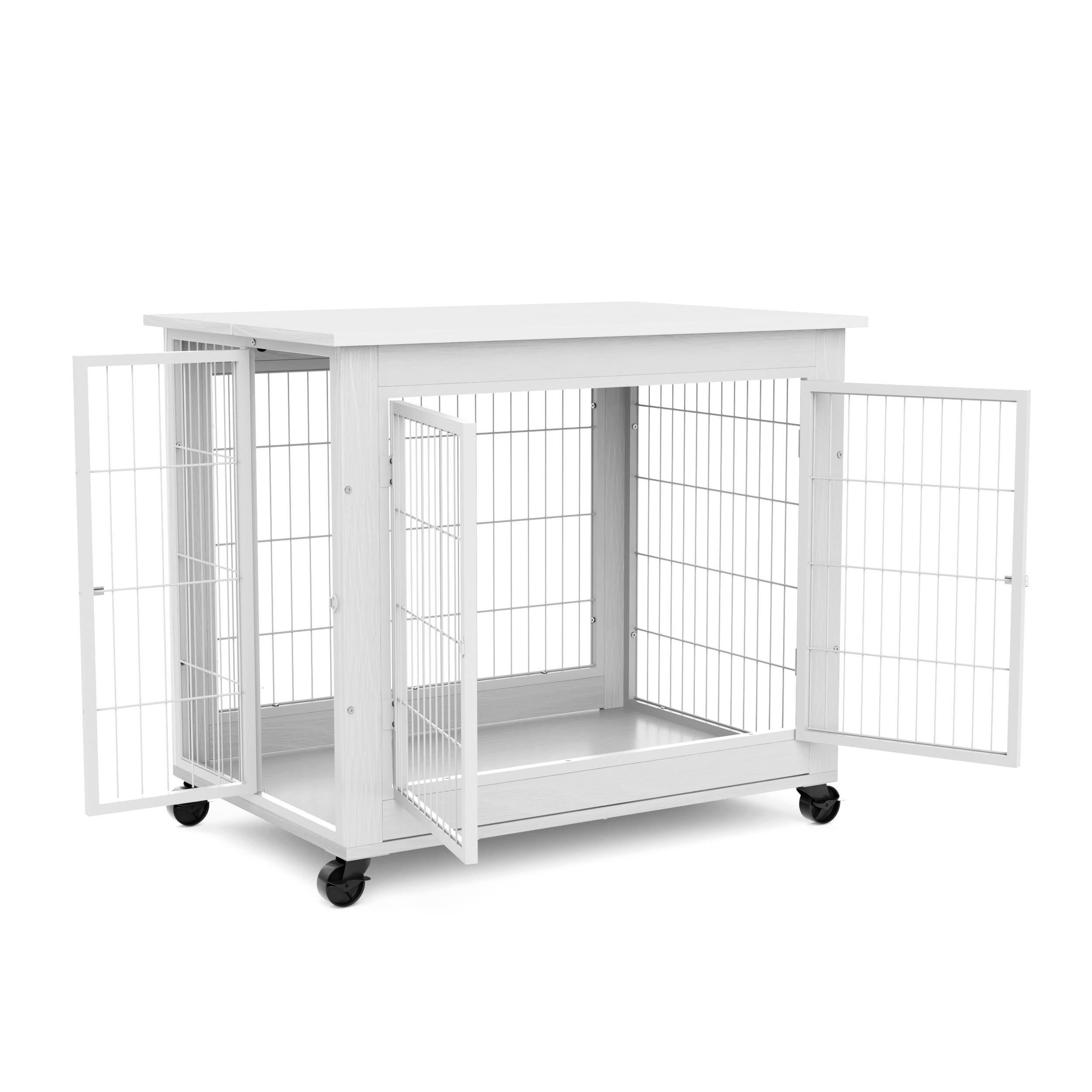 Cage chien meuble intérieur bois acier avec roulettes et toit ouvrant 80x56x69cm blanc - ComfortXL Outdoor Living - Image 8