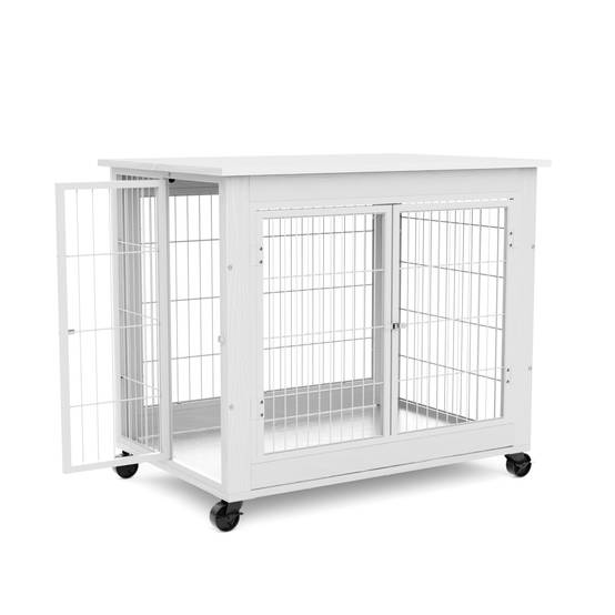 Cage chien meuble intérieur bois acier avec roulettes et toit ouvrant 80x56x69cm blanc - ComfortXL Outdoor Living - Image 2