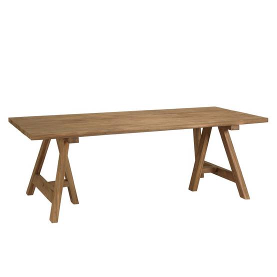 KALLY - Table à manger jardin 220cm bois teck recyclé pieds tréteaux - Image 1