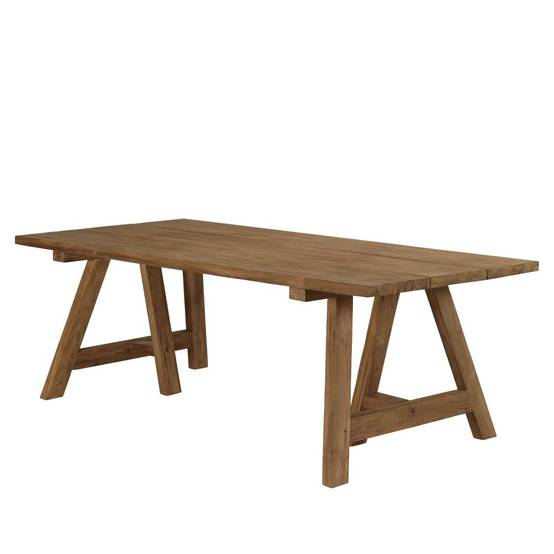 KALLY - Table à manger jardin 220cm bois teck recyclé pieds tréteaux - Image 4