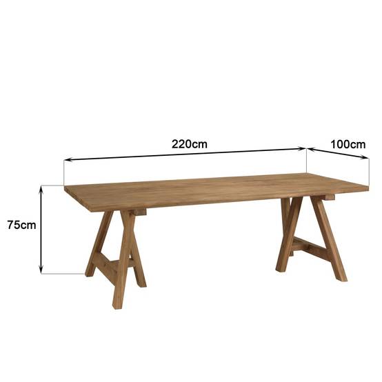 KALLY - Table à manger jardin 220cm bois teck recyclé pieds tréteaux - Image 9