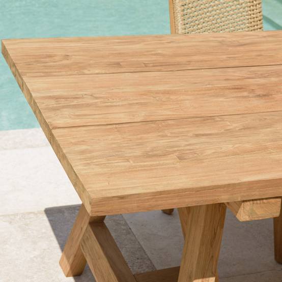 KALLY - Table à manger jardin 220cm bois teck recyclé pieds tréteaux - Image 5