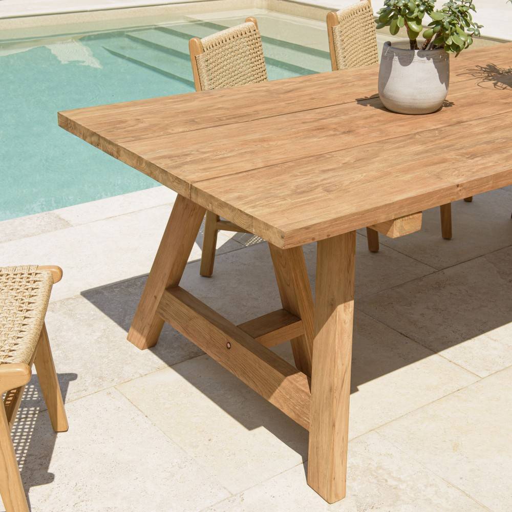KALLY - Table à manger jardin 220cm bois teck recyclé pieds tréteaux - Image 3