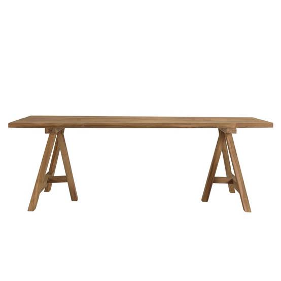 KALLY - Table à manger jardin 220cm bois teck recyclé pieds tréteaux - Image 6