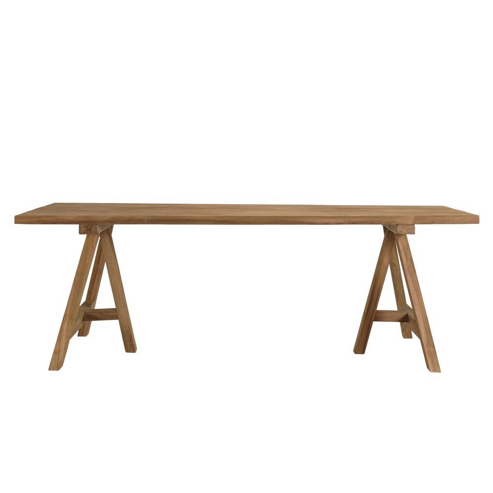KALLY - Table à manger jardin 220cm bois teck recyclé pieds tréteaux - Image 6