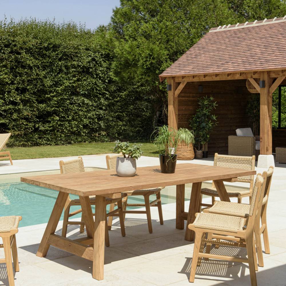 KALLY - Table à manger jardin 220cm bois teck recyclé pieds tréteaux - Image 2