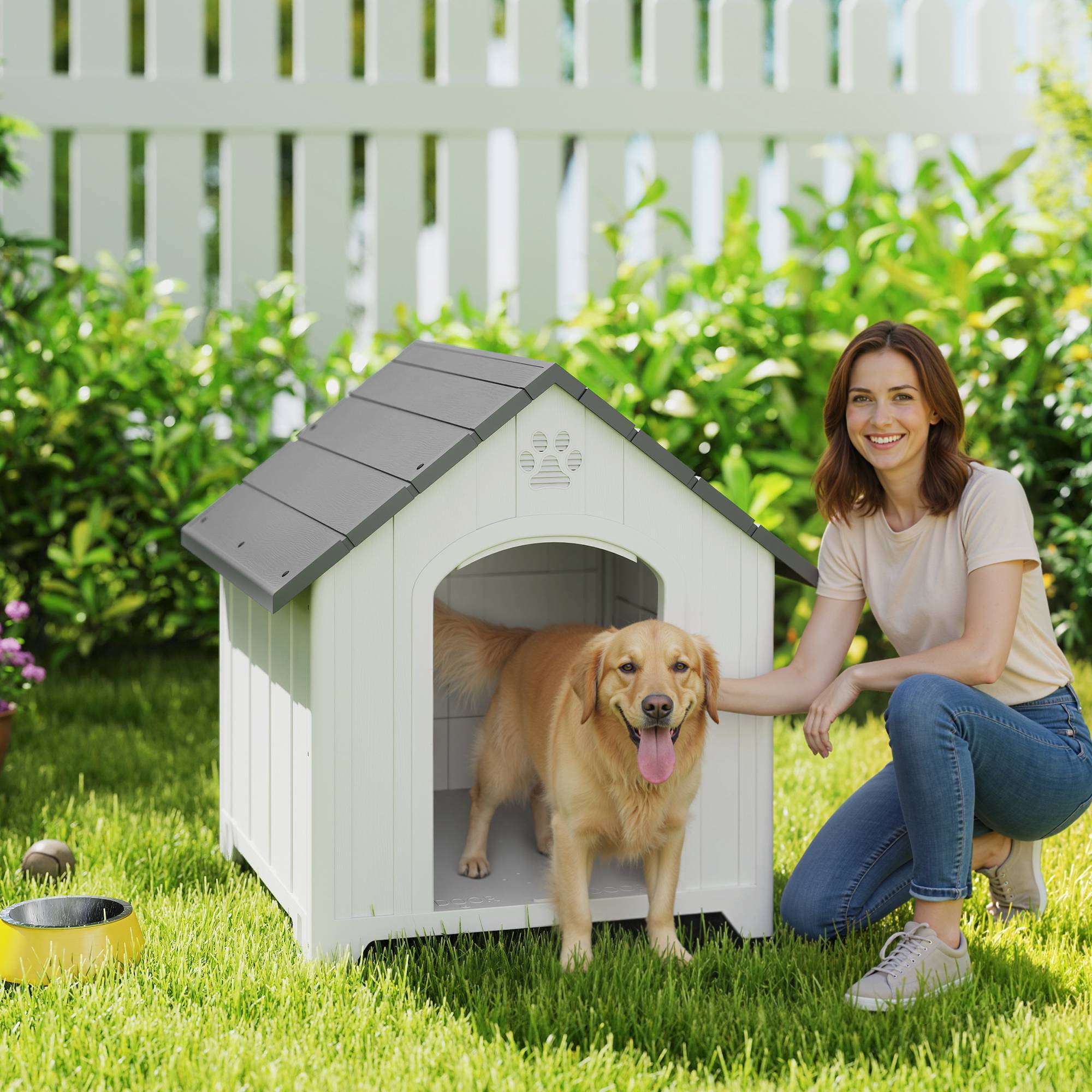 Niche d'extérieur pour chien, grande niche en plastique avec 2 fenêtres, base surélevée, piquets, grise - Image 3
