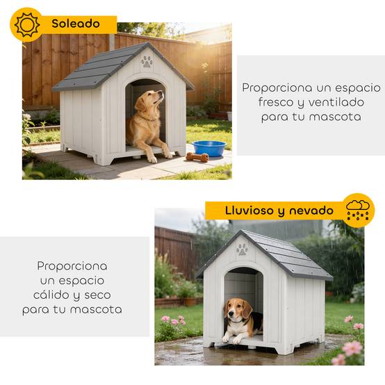 Niche d'extérieur pour chien, grande niche en plastique avec 2 fenêtres, base surélevée, piquets, grise - Image 8