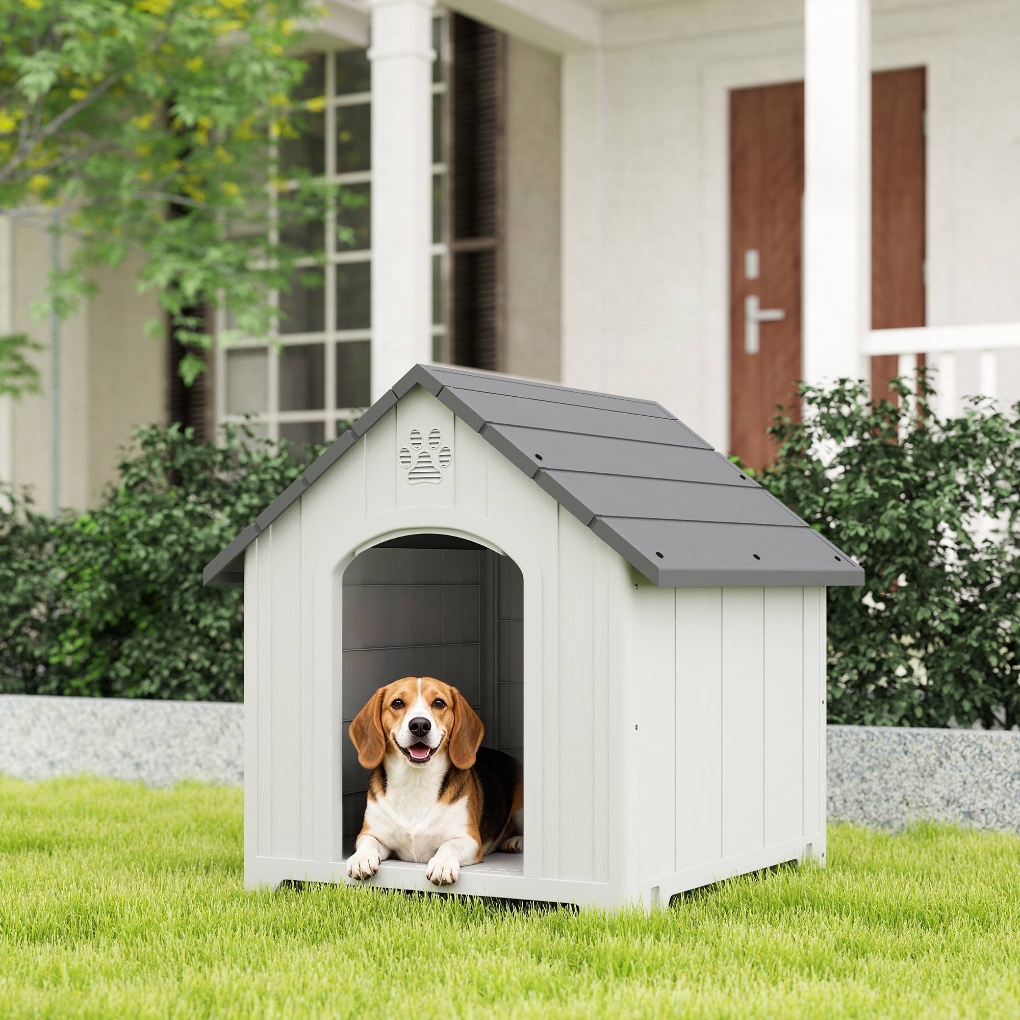 Niche d'extérieur pour chien, grande niche en plastique avec 2 fenêtres, base surélevée, piquets, grise - Image 4