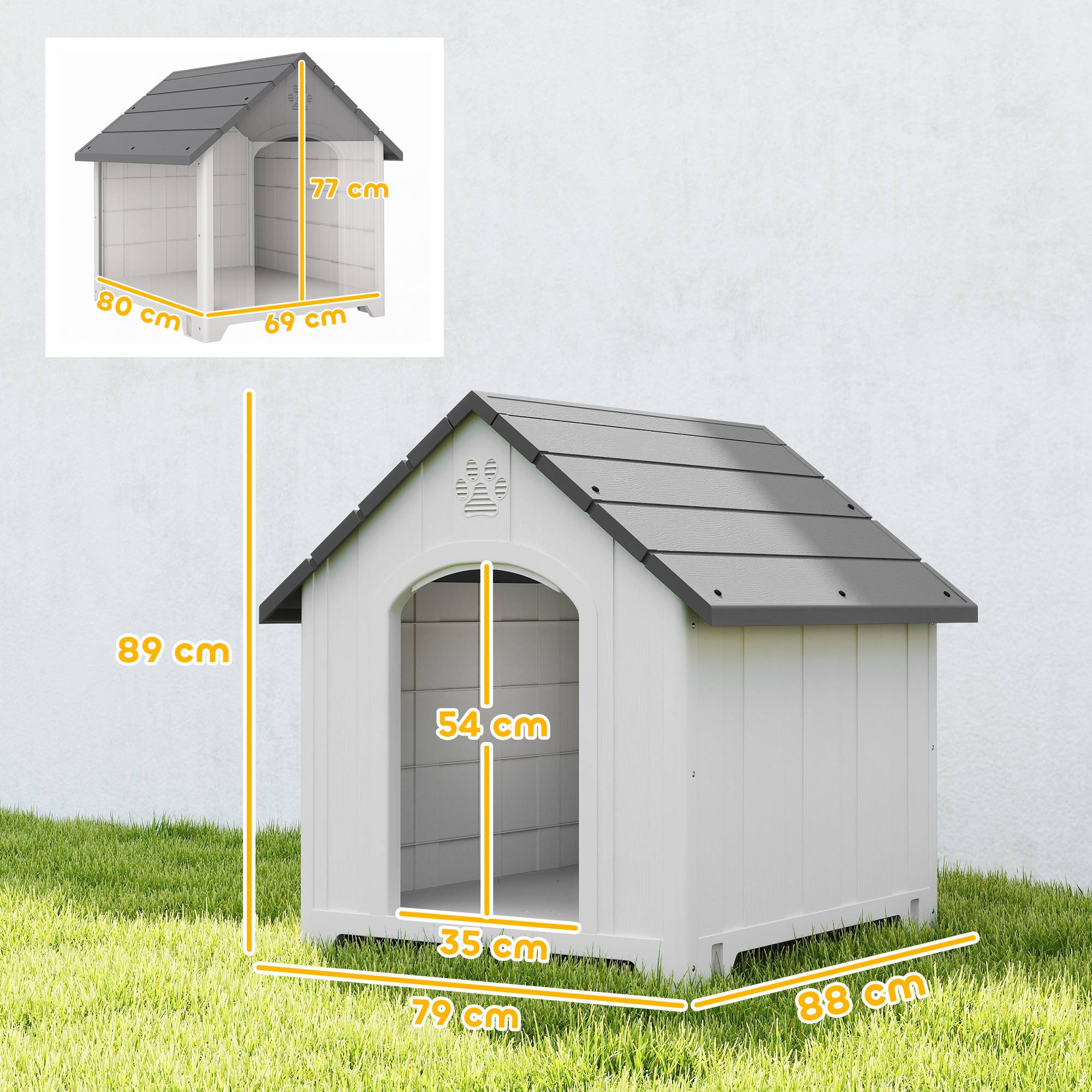 Niche d'extérieur pour chien, grande niche en plastique avec 2 fenêtres, base surélevée, piquets, grise - Image 5