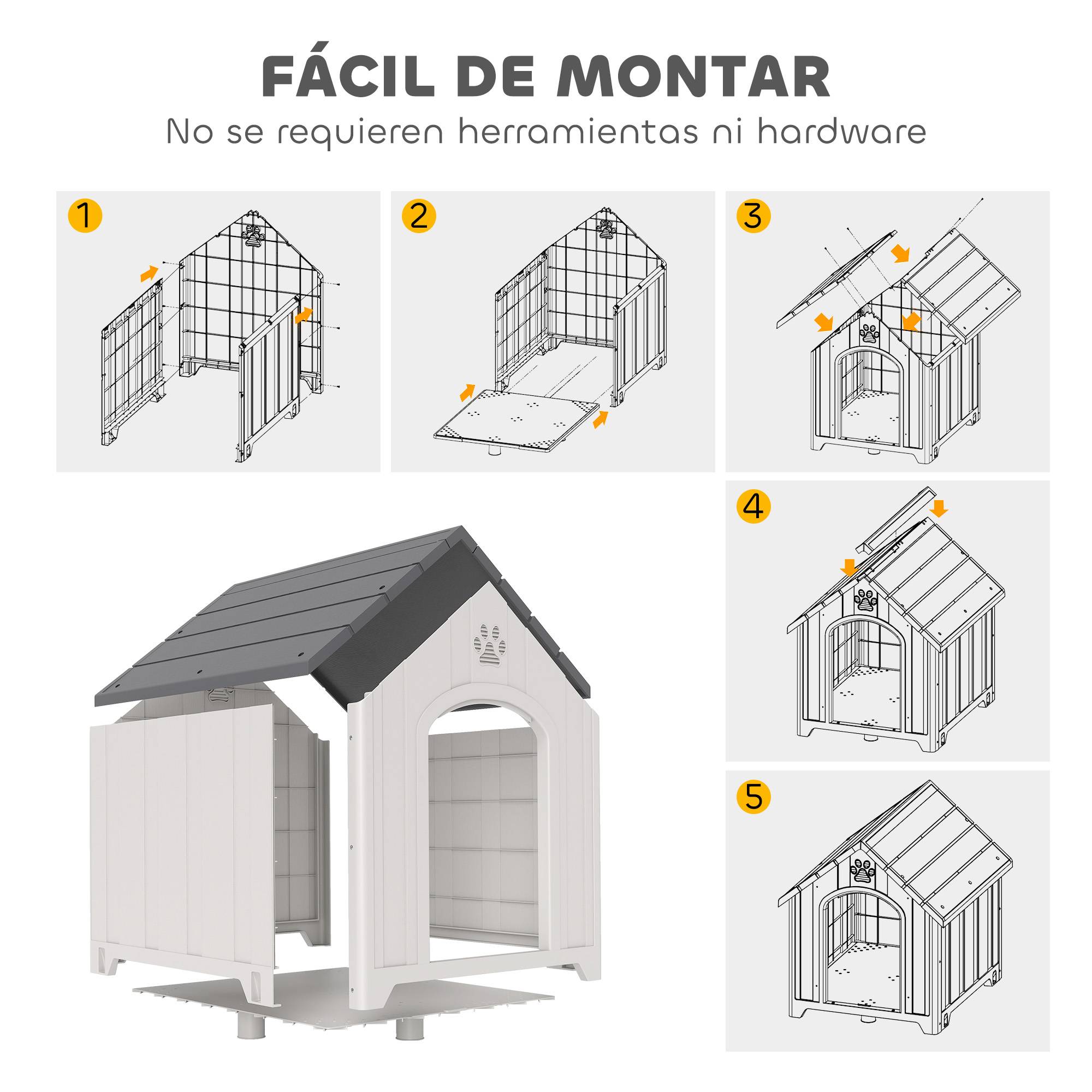 Niche d'extérieur pour chien, grande niche en plastique avec 2 fenêtres, base surélevée, piquets, grise - Image 9