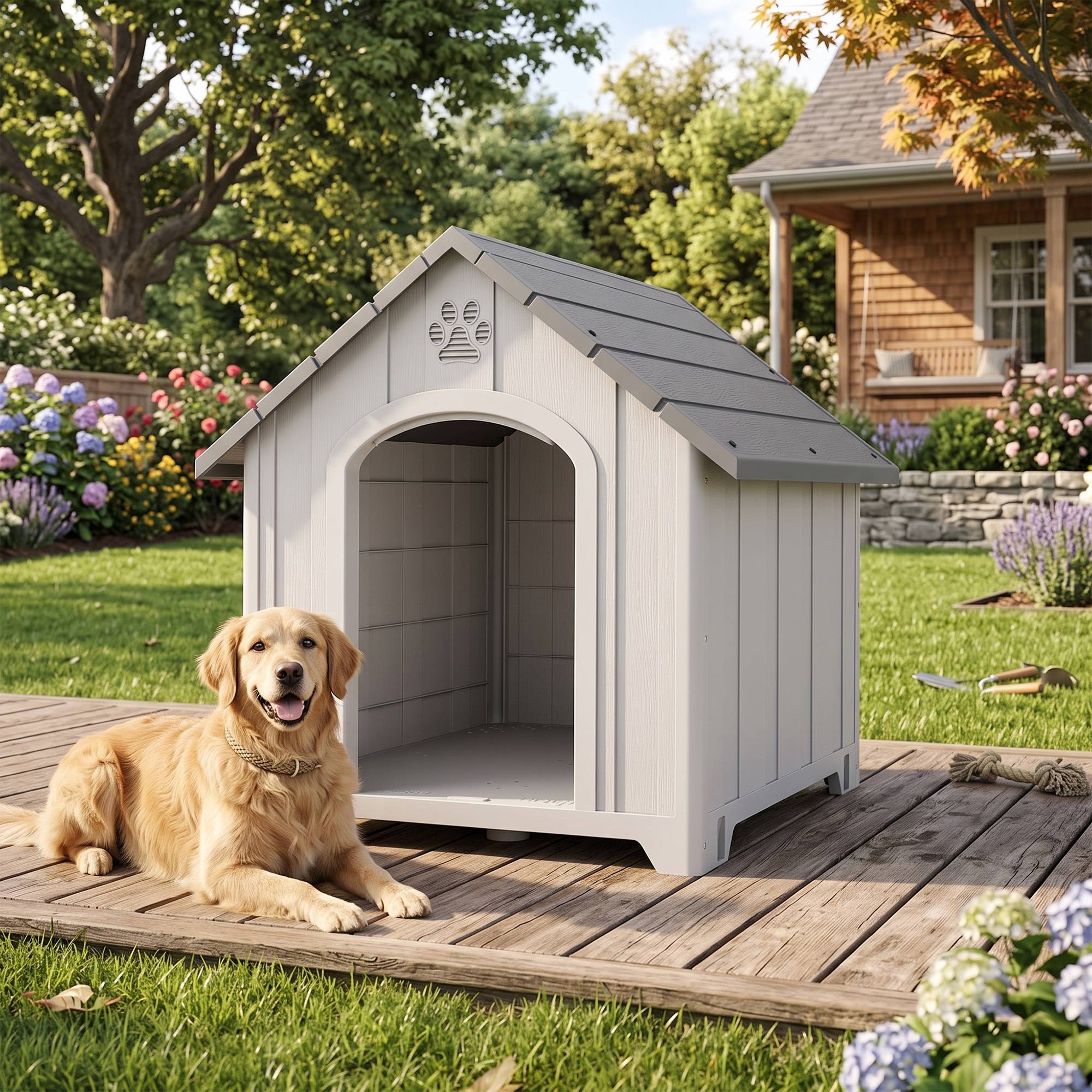 Niche d'extérieur pour chien, grande niche en plastique avec 2 fenêtres, base surélevée, piquets, grise - Image 10