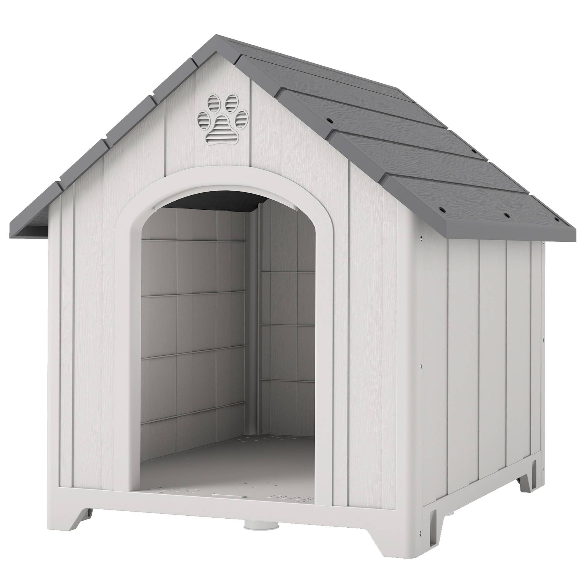 Niche d'extérieur pour chien, grande niche en plastique avec 2 fenêtres, base surélevée, piquets, grise - Image 2