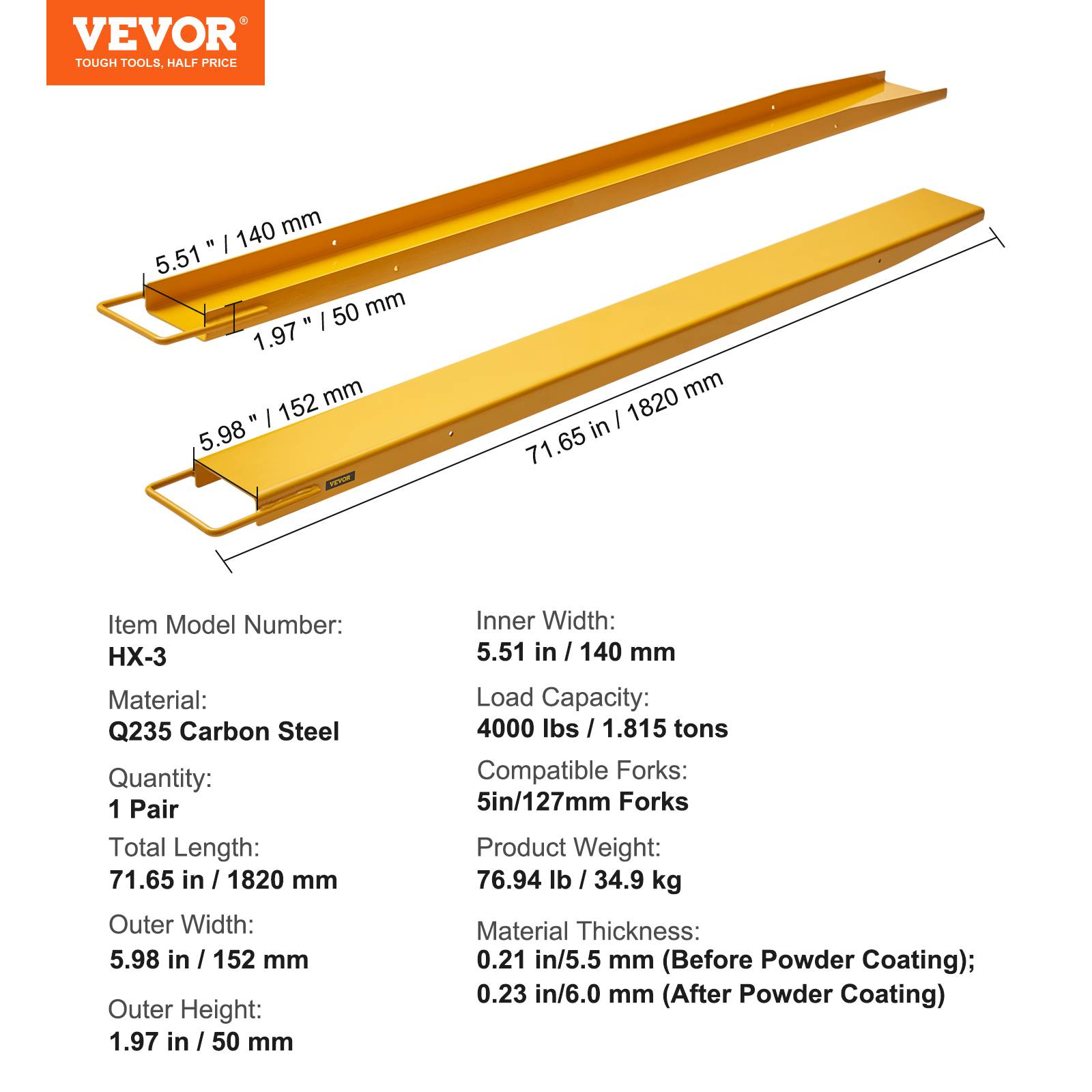 VEVOR Rallonges fourches palette 1820x140 mm, acier carbone. Pour charges volumineuses, jaune. - Image 7