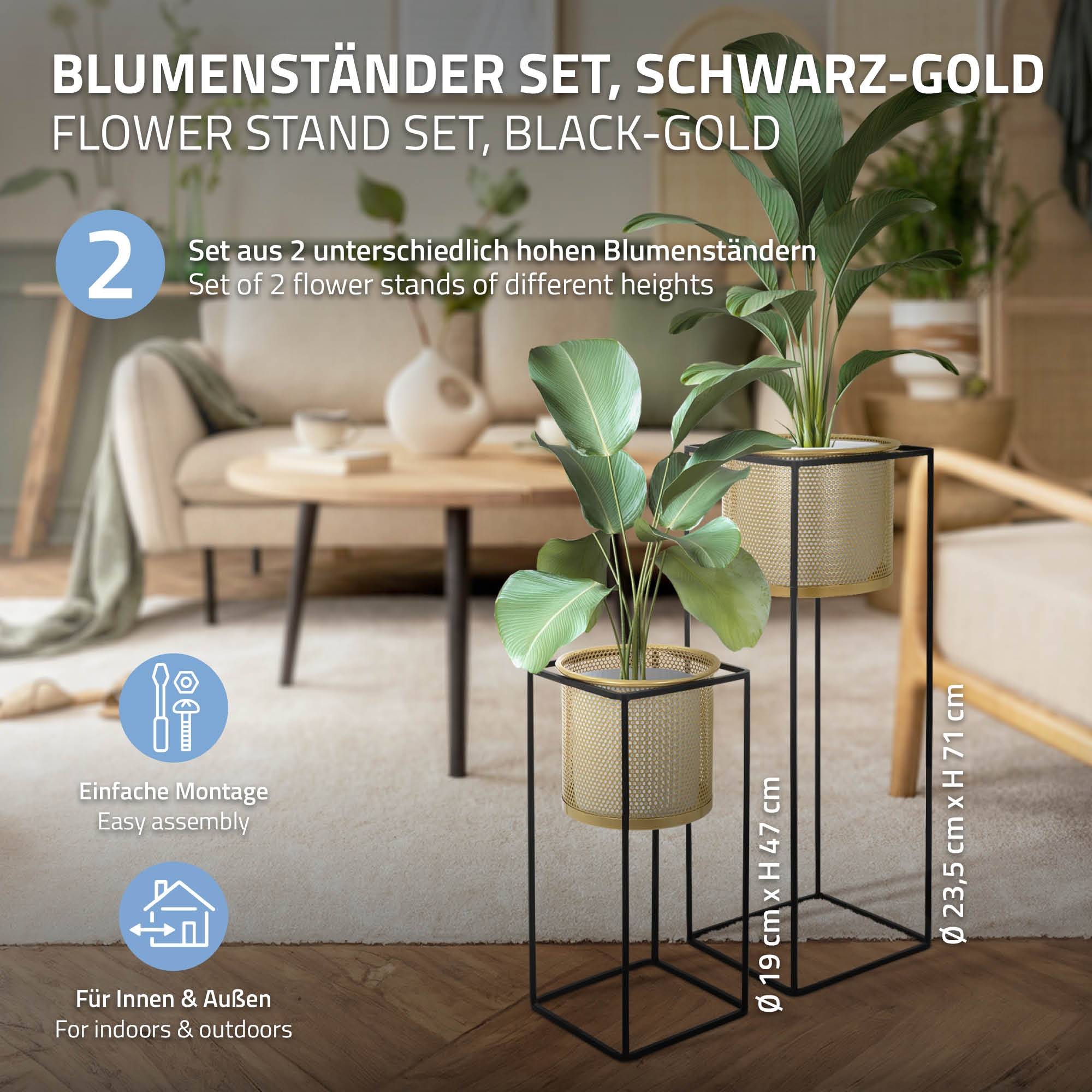 Ml-Design - 2x Support de plantes noir/or en acier 47 et 71 cm pots de fleurs décoratifs - Imagen 2