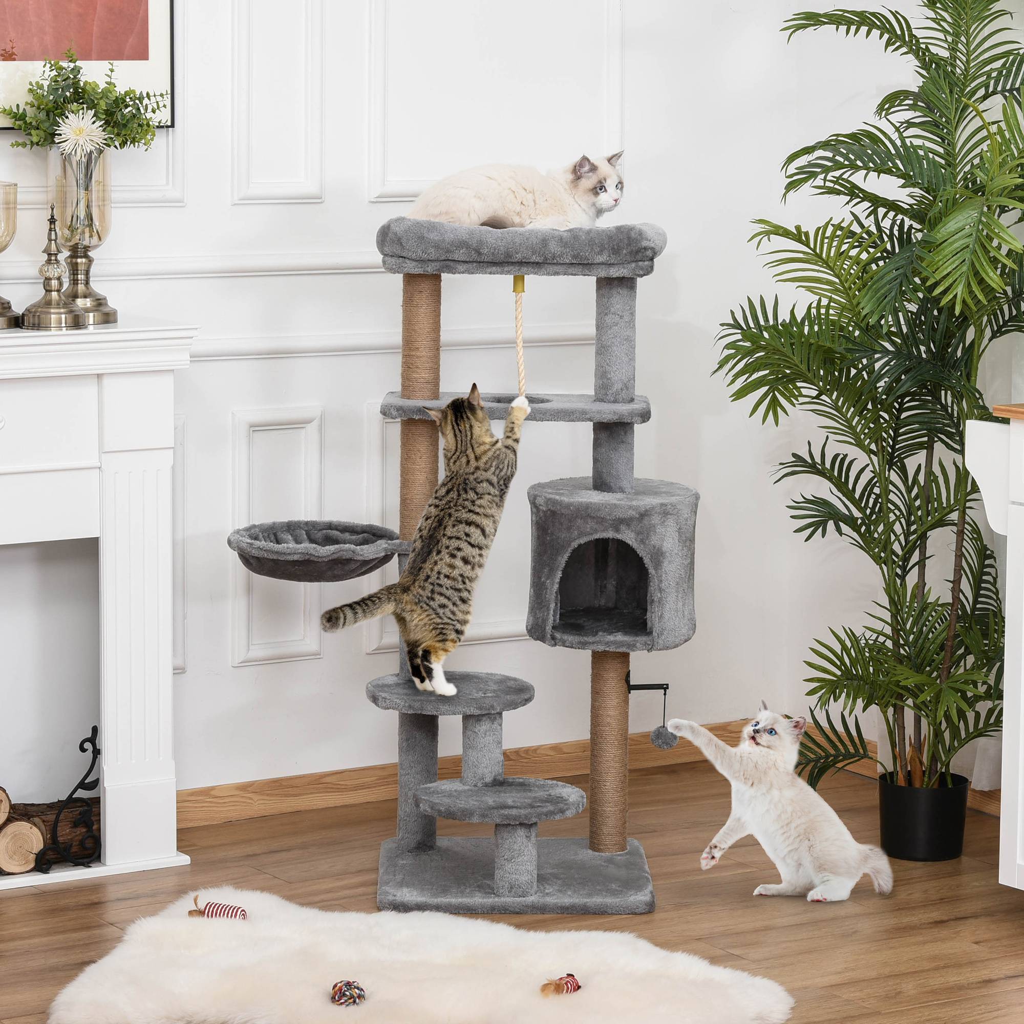 Arbre à Chat 120 cm Gris Tour pour Chats avec Niche Hamac et Poteaux en Jute - ComfortXL Outdoor Living - Image 3