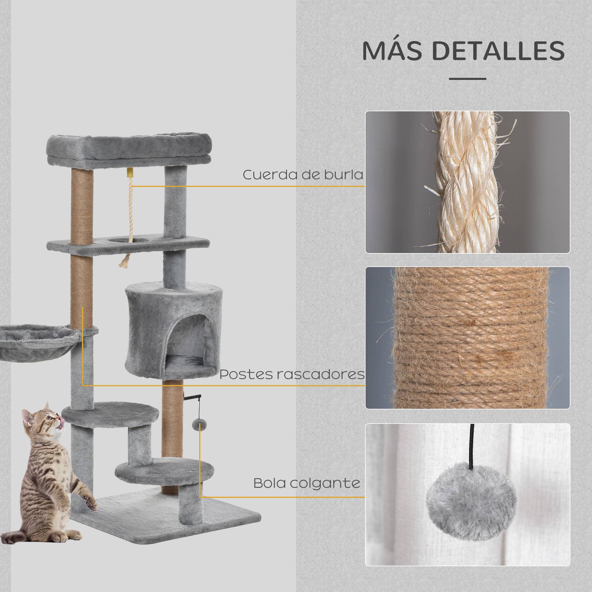 Arbre à Chat 120 cm Gris Tour pour Chats avec Niche Hamac et Poteaux en Jute - ComfortXL Outdoor Living - Image 7