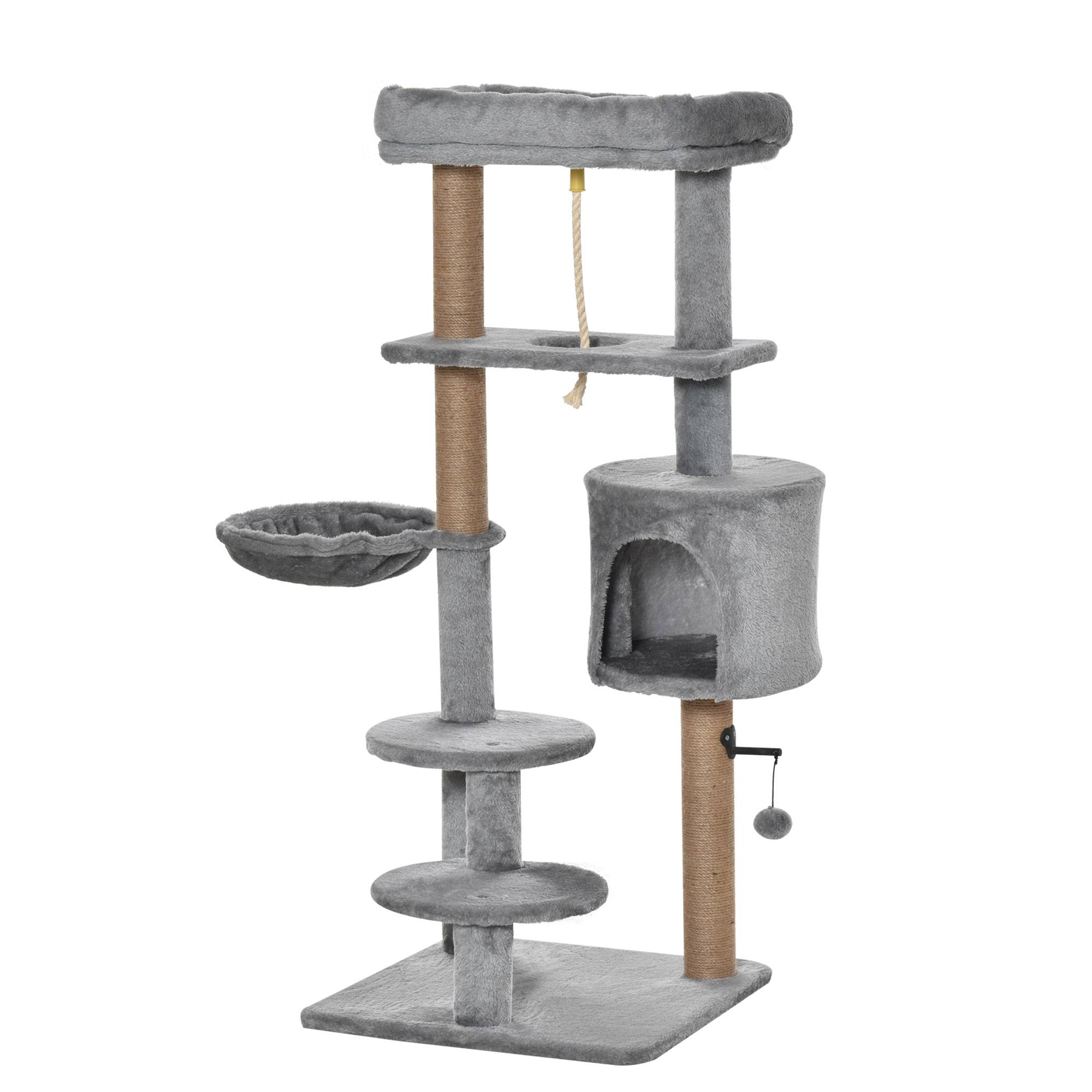 Arbre à Chat 120 cm Gris Tour pour Chats avec Niche Hamac et Poteaux en Jute - ComfortXL Outdoor Living - Image 2
