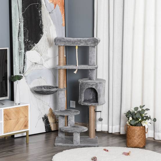 Arbre à Chat 120 cm Gris Tour pour Chats avec Niche Hamac et Poteaux en Jute - ComfortXL Outdoor Living - Image 4