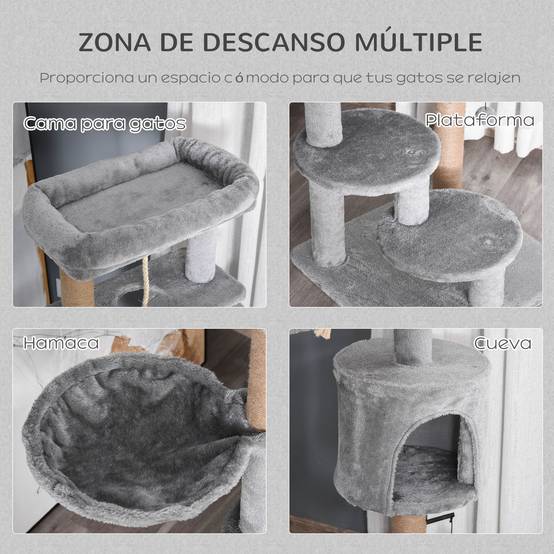 Arbre à Chat 120 cm Gris Tour pour Chats avec Niche Hamac et Poteaux en Jute - ComfortXL Outdoor Living - Image 6