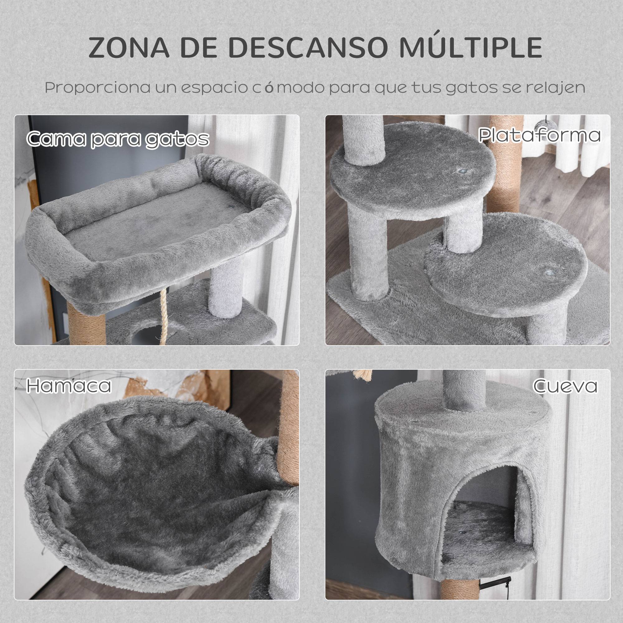 Arbre à Chat 120 cm Gris Tour pour Chats avec Niche Hamac et Poteaux en Jute - ComfortXL Outdoor Living - Image 6