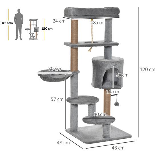 Arbre à Chat 120 cm Gris Tour pour Chats avec Niche Hamac et Poteaux en Jute - ComfortXL Outdoor Living - Image 5