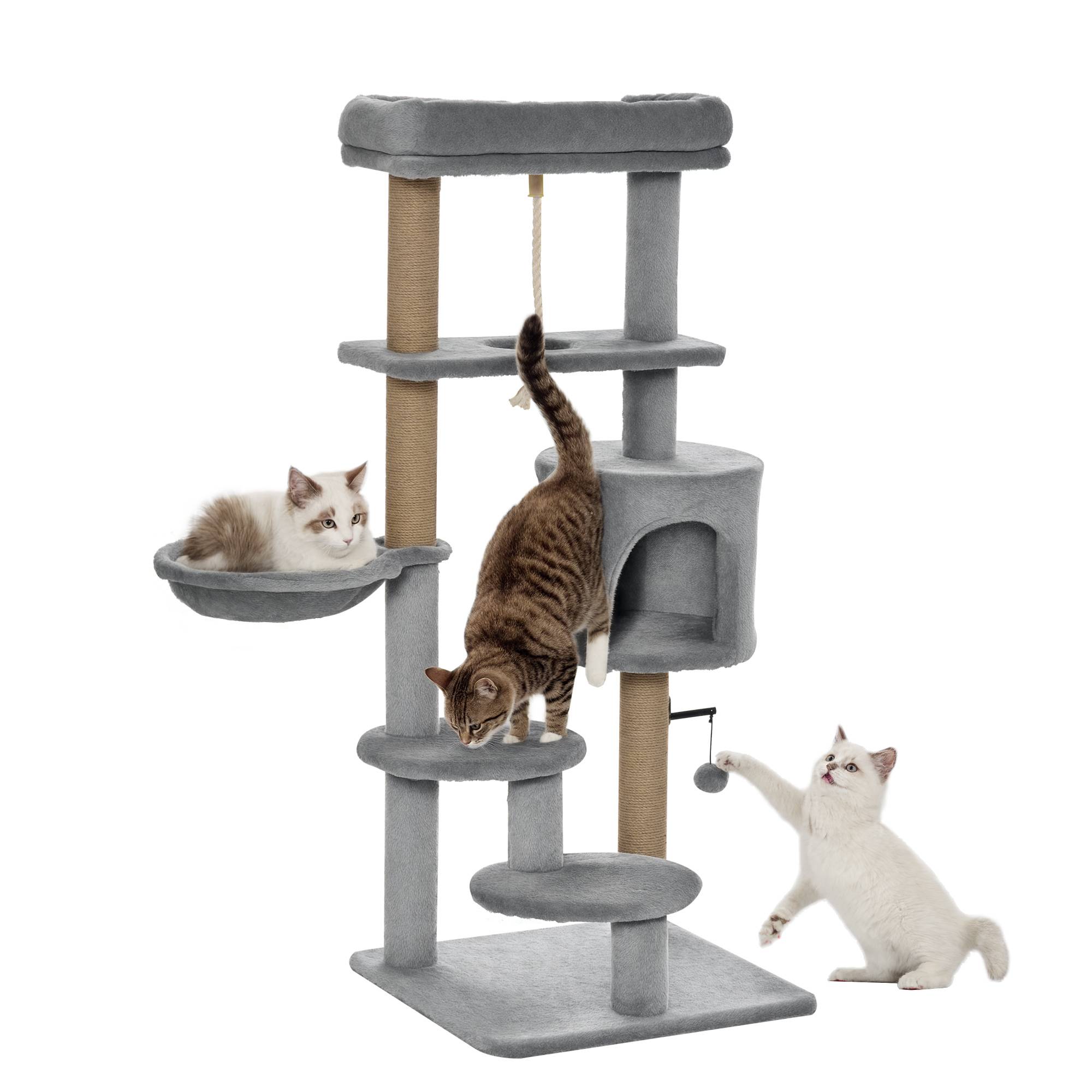 Arbre à Chat 120 cm Gris Tour pour Chats avec Niche Hamac et Poteaux en Jute - ComfortXL Outdoor Living - Image 1
