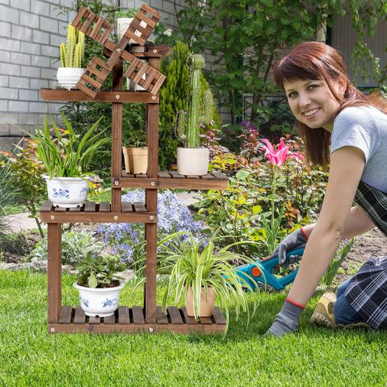 Étagère pour plantes en bois de sapin à 5 niveaux avec moulin à vent 63 x 25 x 97 cm pour terrasse jardin salon nature - Image 2