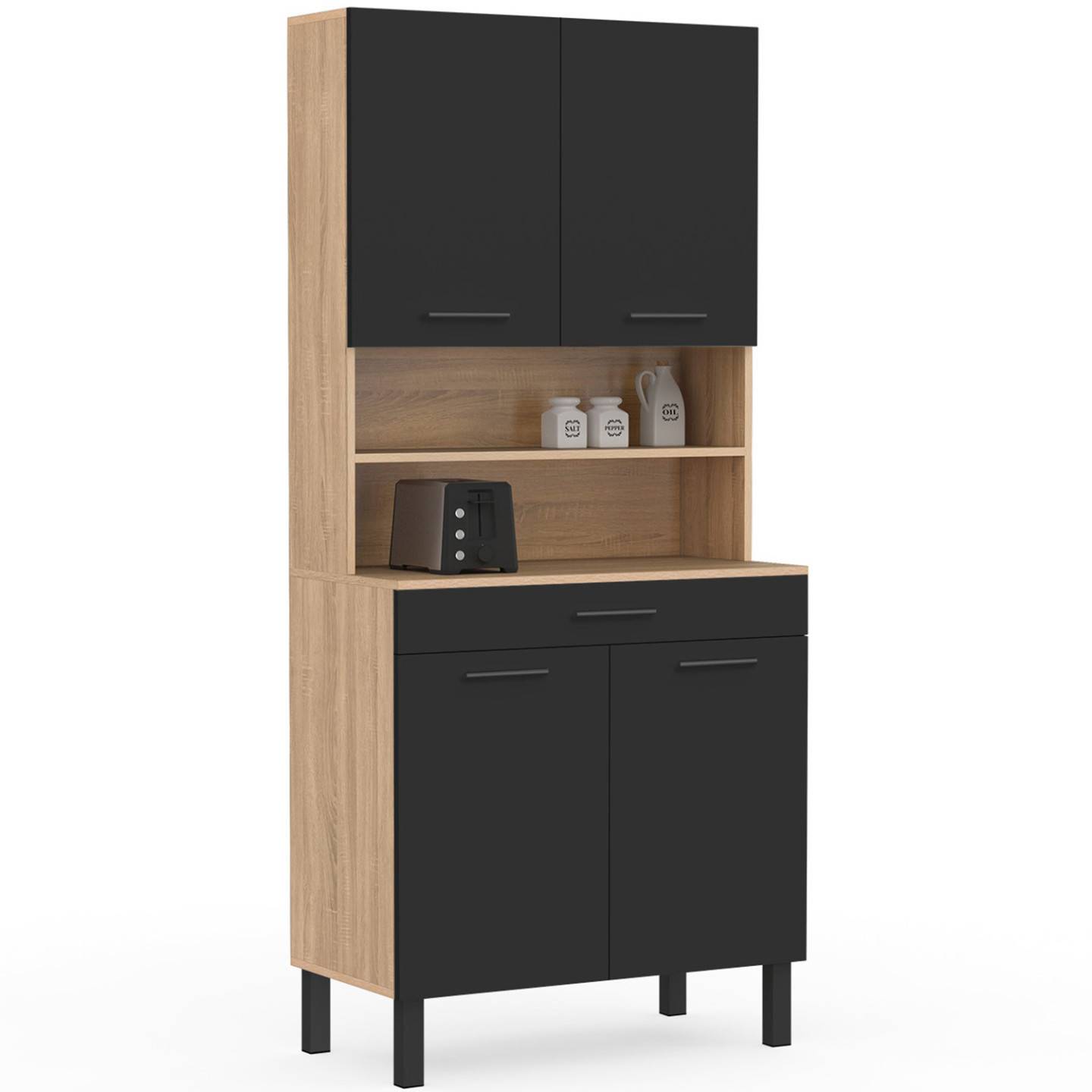 Buffet de cuisine 80 CM CINA 4 portes + tiroir façon hêtre et noir - Image 2
