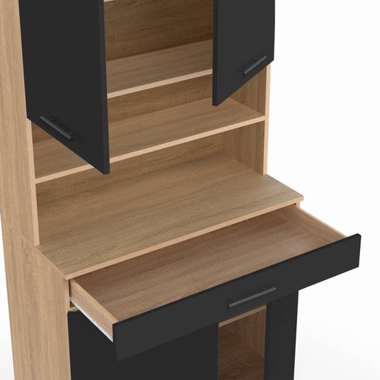 Buffet de cuisine 80 CM CINA 4 portes + tiroir façon hêtre et noir - Image 6