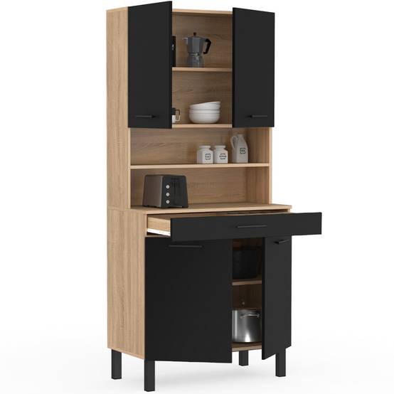 Buffet de cuisine 80 CM CINA 4 portes + tiroir façon hêtre et noir - Image 4