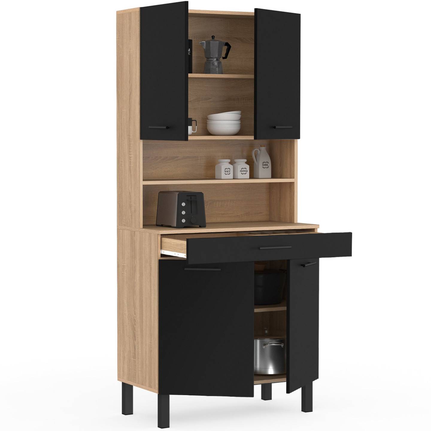 Buffet de cuisine 80 CM CINA 4 portes + tiroir façon hêtre et noir - Image 4