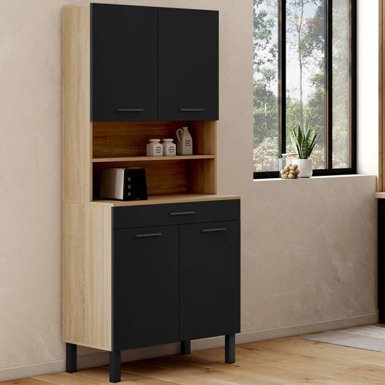 Buffet de cuisine 80 CM CINA 4 portes + tiroir façon hêtre et noir - Image 1