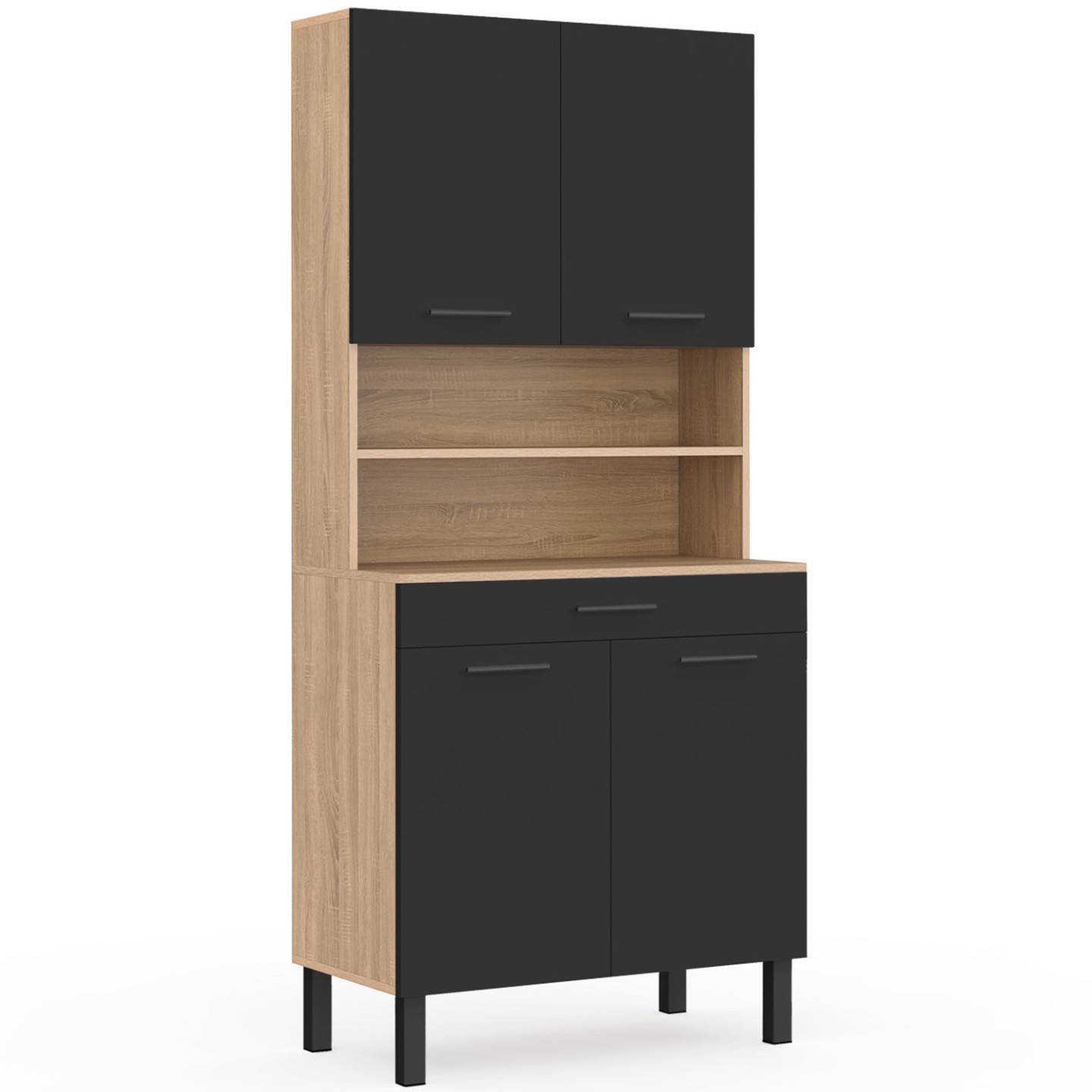 Buffet de cuisine 80 CM CINA 4 portes + tiroir façon hêtre et noir - Image 5