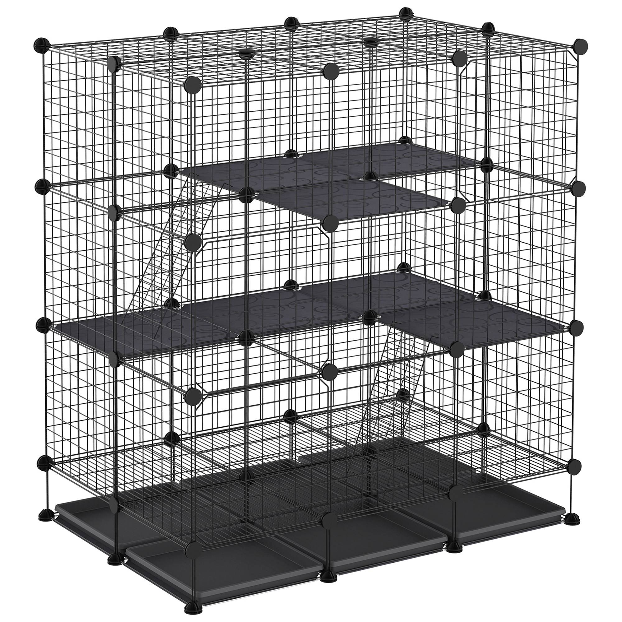 Parc modulable rongeurs métal 3 niveaux rampes 4 portes plateaux amovibles 111x75x119cm noir - ComfortXL Outdoor Living - Image 1