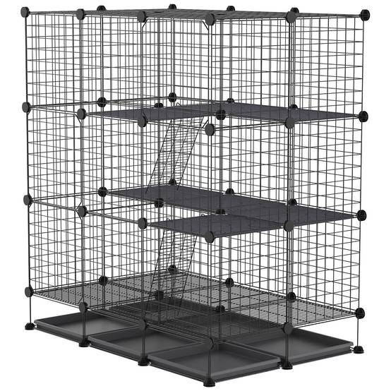Parc modulable rongeurs métal 3 niveaux rampes 4 portes plateaux amovibles 111x75x119cm noir - ComfortXL Outdoor Living - Image 2
