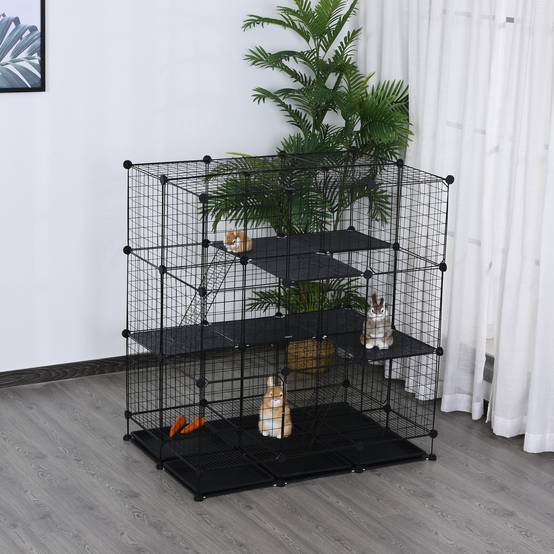 Parc modulable rongeurs métal 3 niveaux rampes 4 portes plateaux amovibles 111x75x119cm noir - ComfortXL Outdoor Living - Image 4