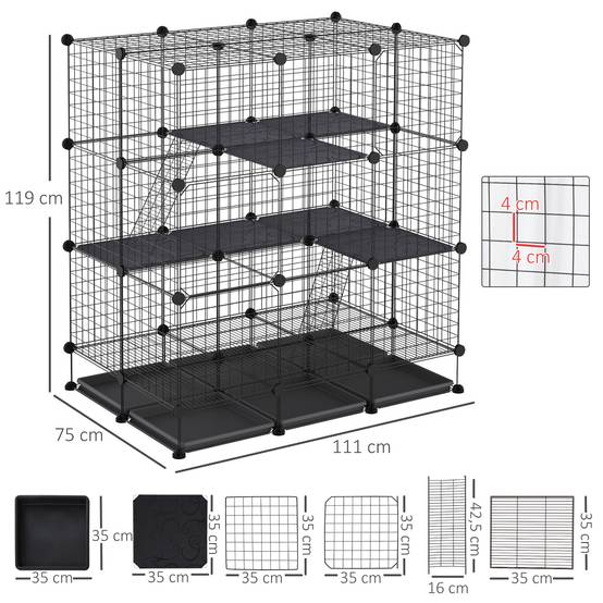 Parc modulable rongeurs métal 3 niveaux rampes 4 portes plateaux amovibles 111x75x119cm noir - ComfortXL Outdoor Living - Image 5