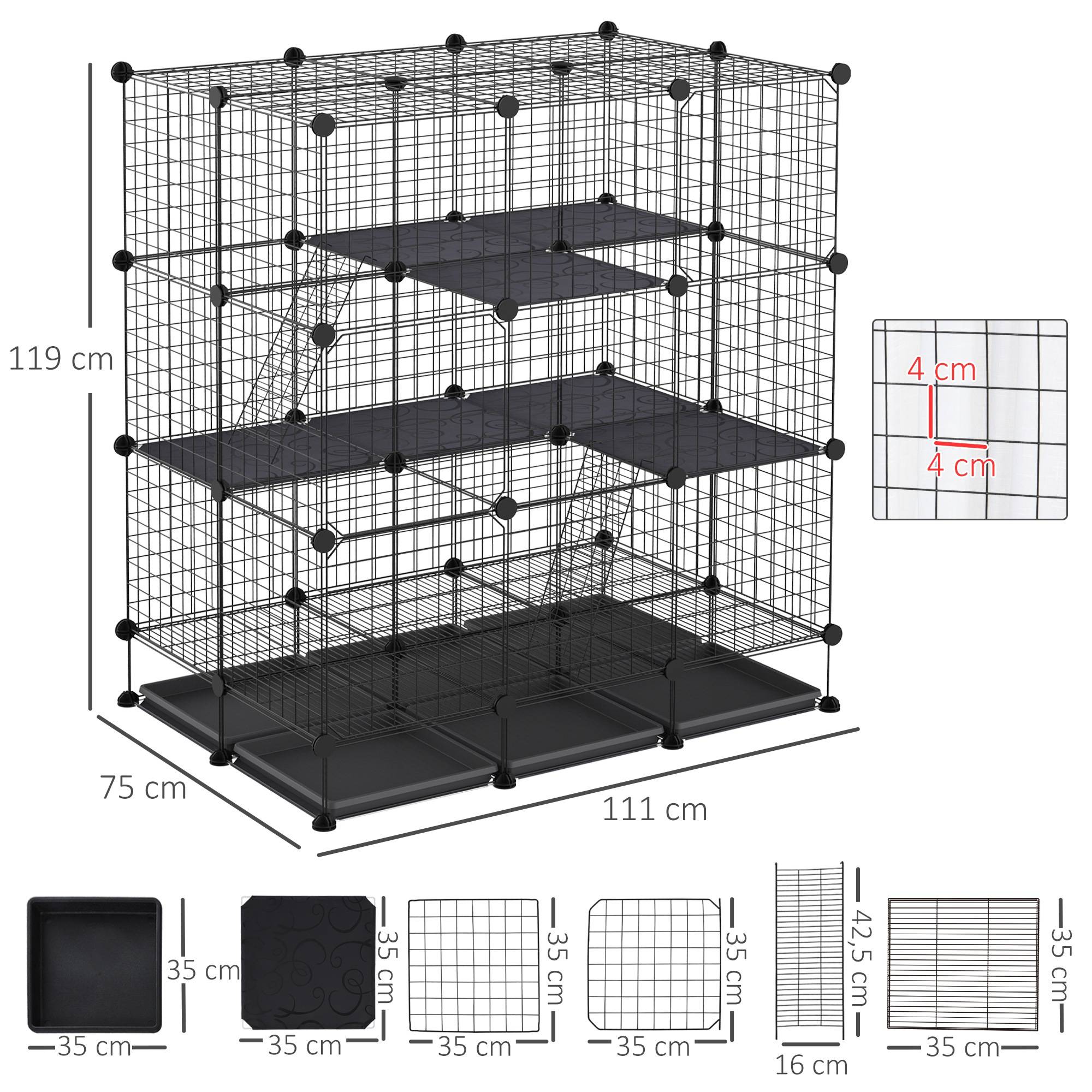 Parc modulable rongeurs métal 3 niveaux rampes 4 portes plateaux amovibles 111x75x119cm noir - ComfortXL Outdoor Living - Image 5